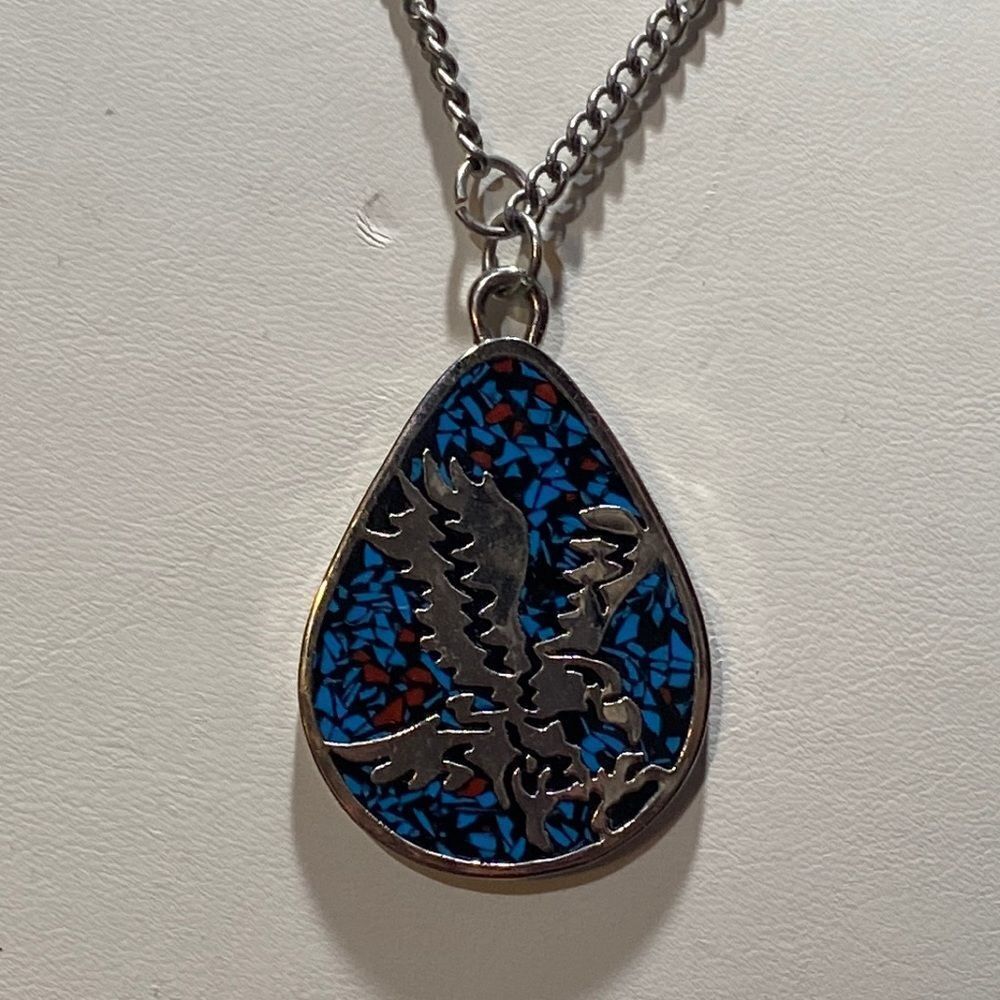 Sterling Silver Marked 880 Turquoise & Coral Inlay Eagle Pendant Necklace